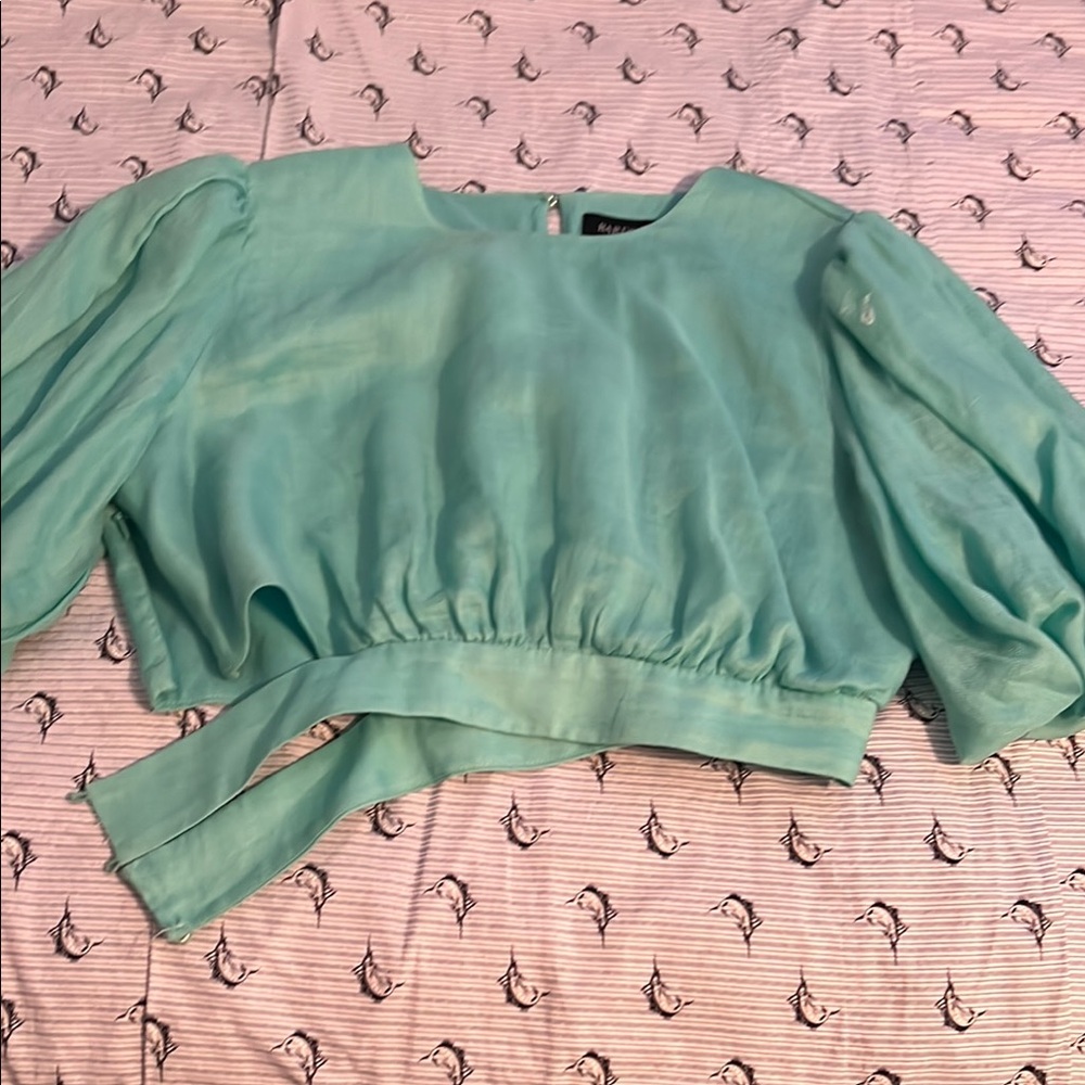 Zara Green Puff Sleeve Crop Blouse